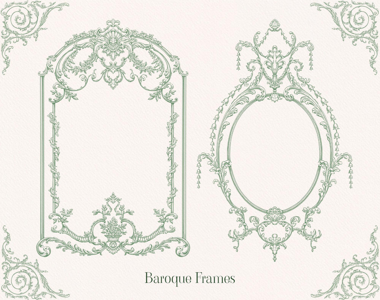 Oval and rectangular baroque frame samples — Baroque Allure Green ‘Baroque frames’ sheet