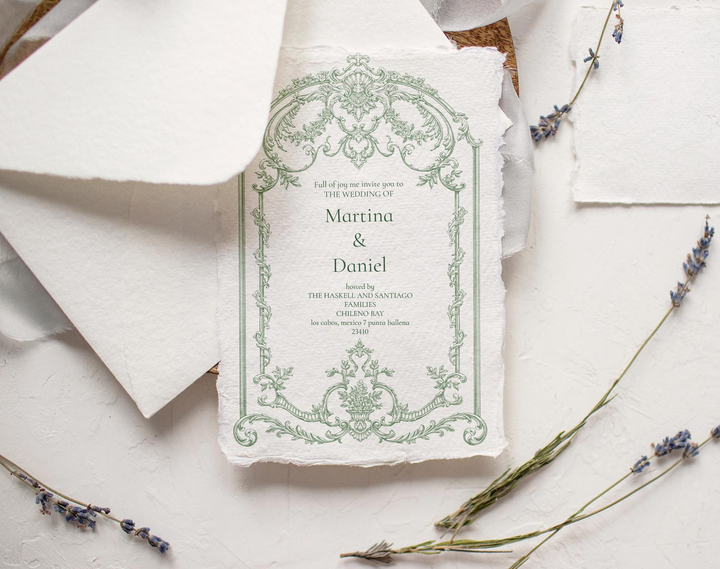 Wedding invitation card mock-up framed with Baroque Allure Green border
