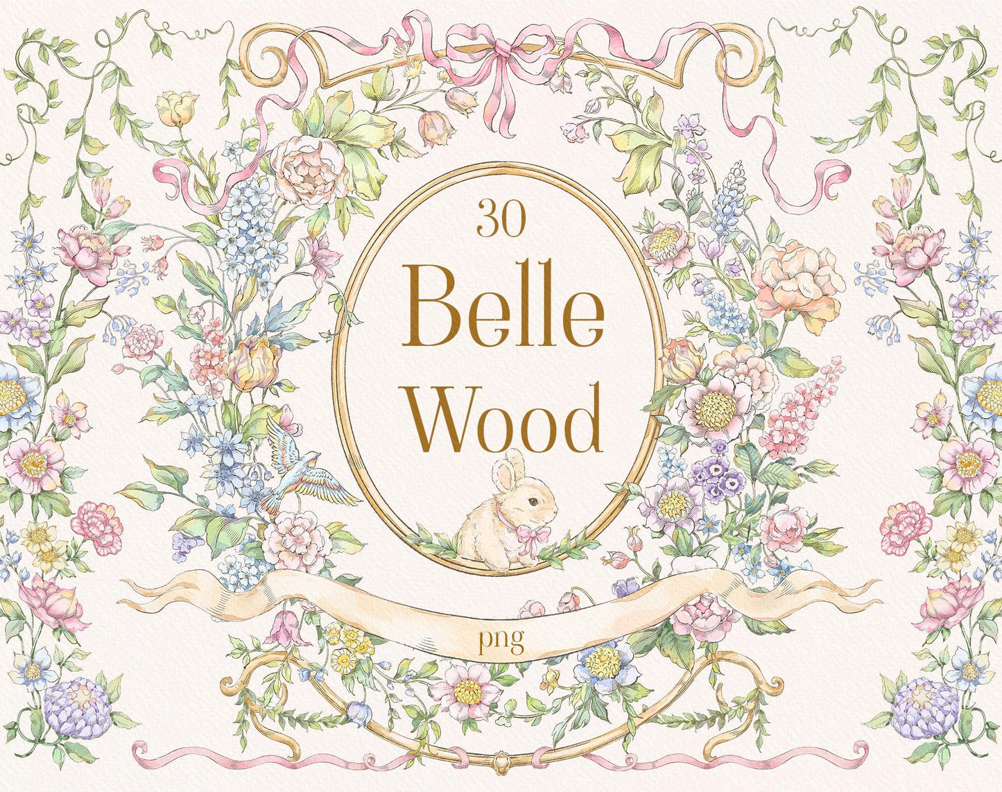 Belle Wood – 30 vintage watercolors: bouquets, rabbits, frames & birds