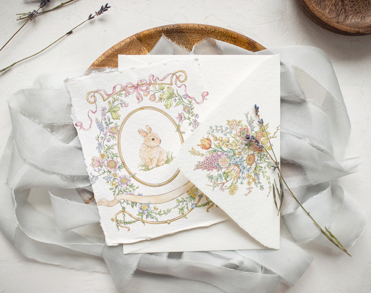 Invitation mock-up framed by Belle Wood floral wreath on folded card