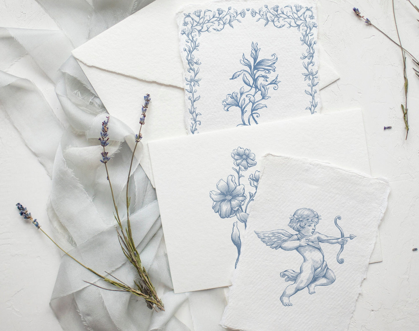 Envelope and place card featuring Lovely Garden Blue wreath and cherub