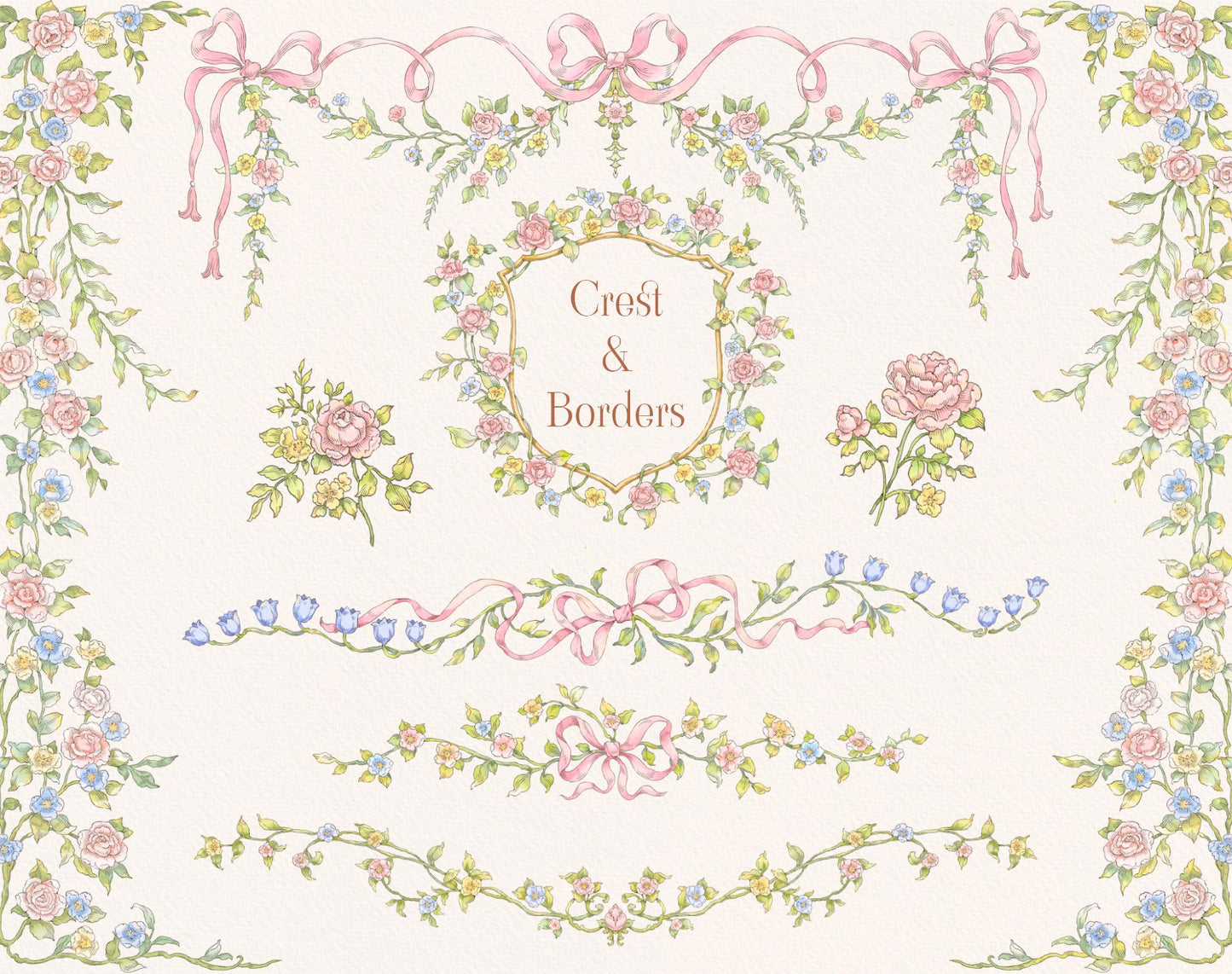 Mix-and-match watercolor vine border strips — Floral Basket ‘Floral Borders’ sheet