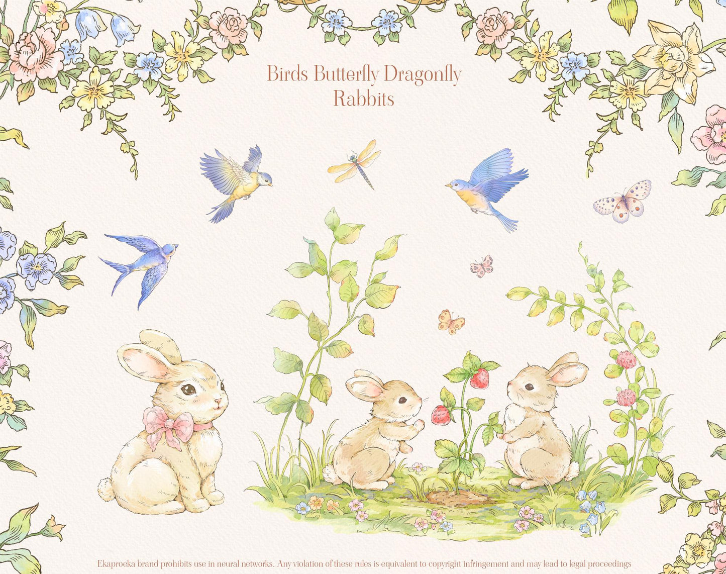 Watercolor bunny and bird vignette with floral ribbon border — Floral Basket sample