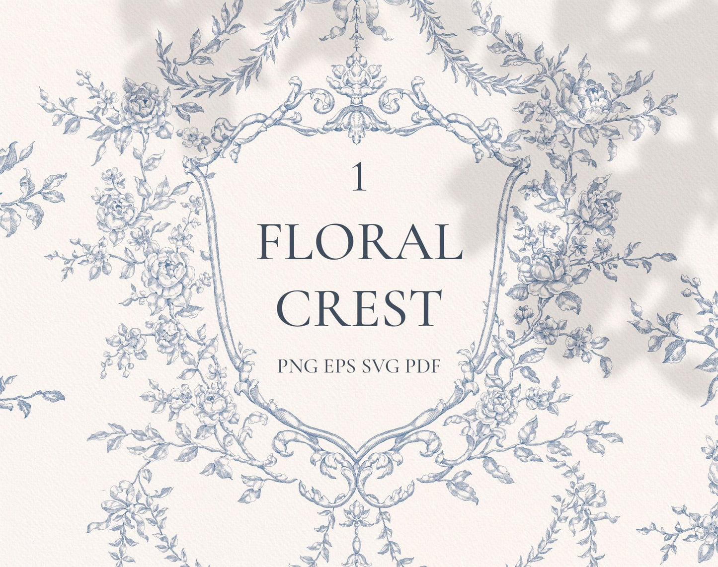 Floral Crest Blue — dusty-blue floral crest with roses and trailing vines in vintage line art