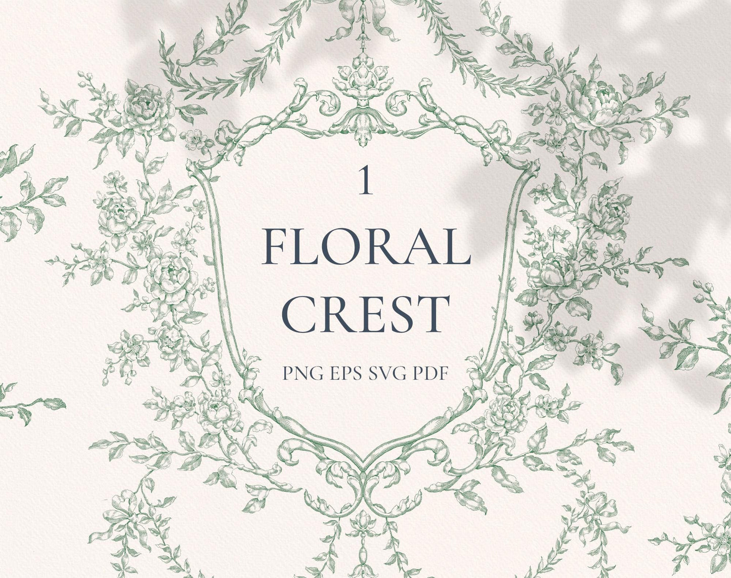 Floral Crest Green — sage-green floral crest with roses and trailing vines in vintage line art