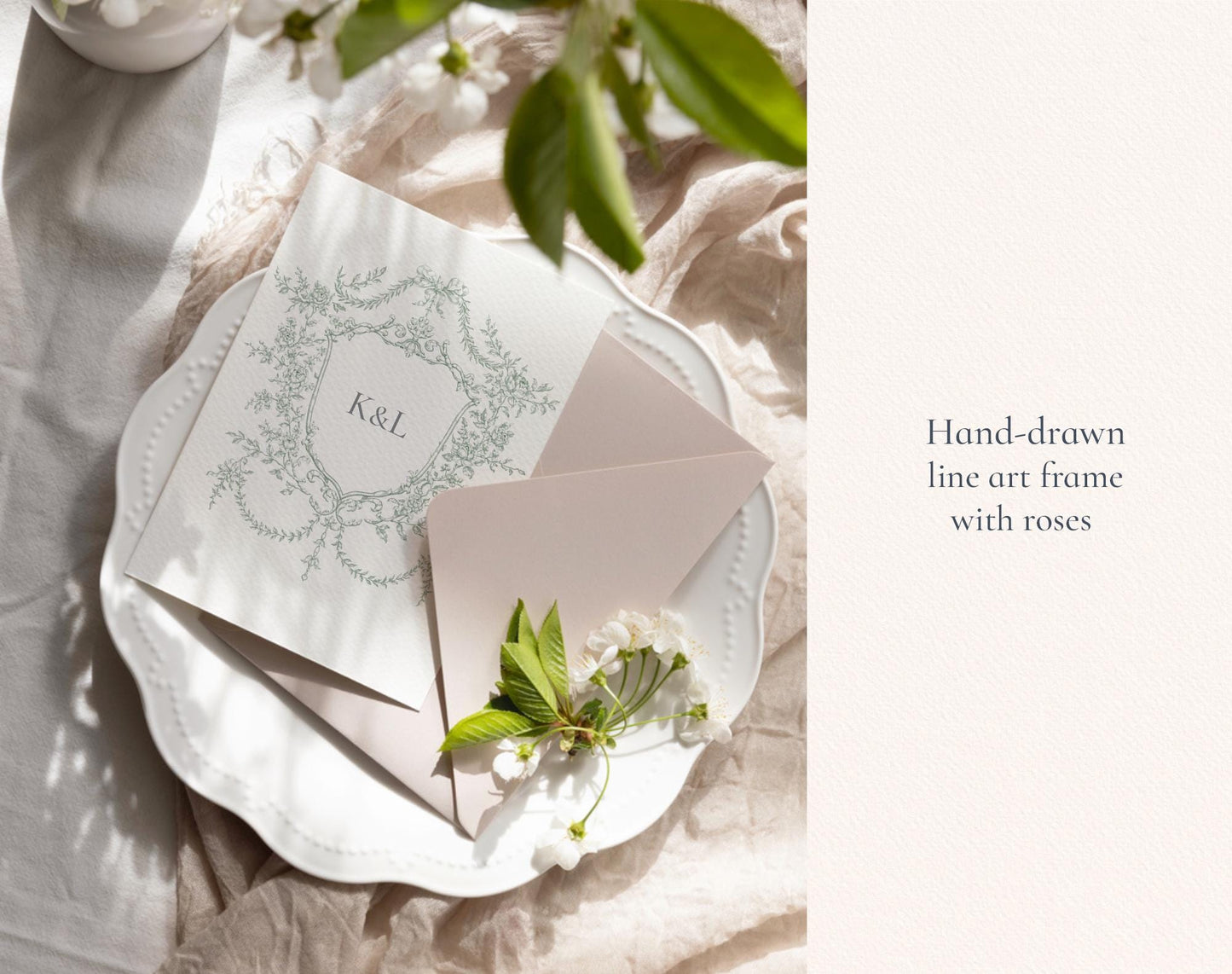 Wedding invitation card with Floral Crest Green
