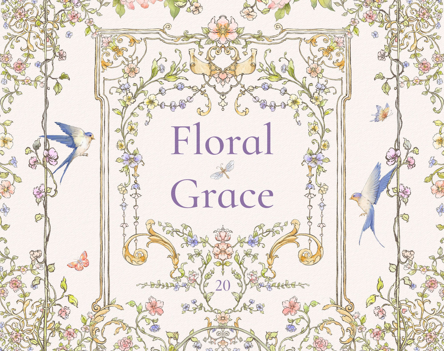 Floral Grace clip-art pack — Art-Nouveau floral frame with swallows, butterflies and garland scrolls