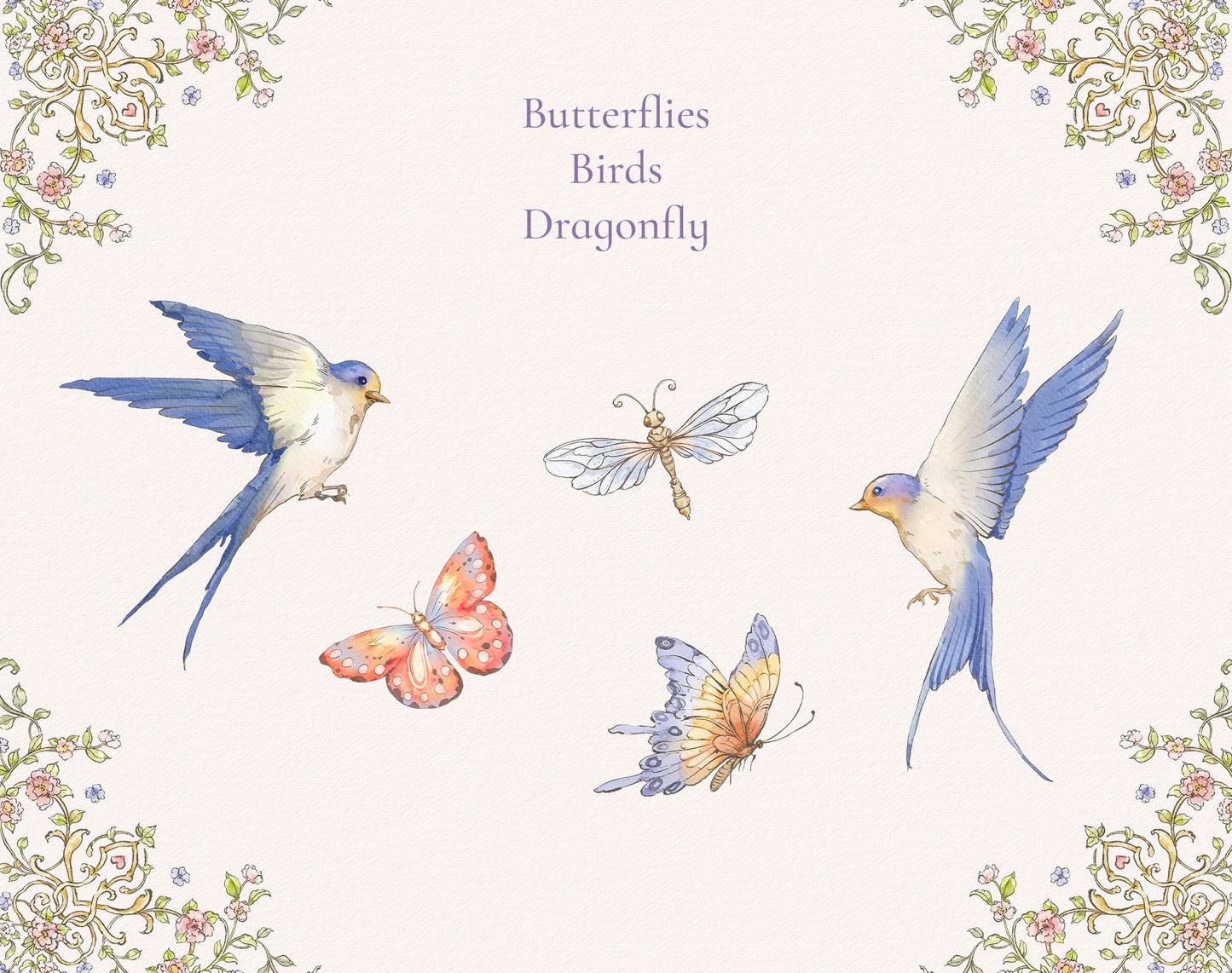 Butterflies, birds and dragonfly clip-art elements — Floral Grace ‘Butterflies & Birds and Dragonfly’ sheet