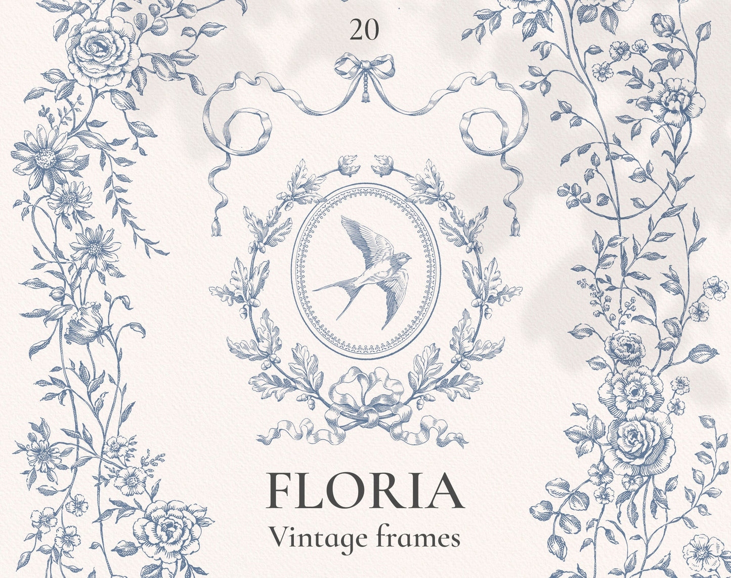 Floria Blue clip-art collection — ornate dusty-blue rose frame with swallow and ribbon scroll