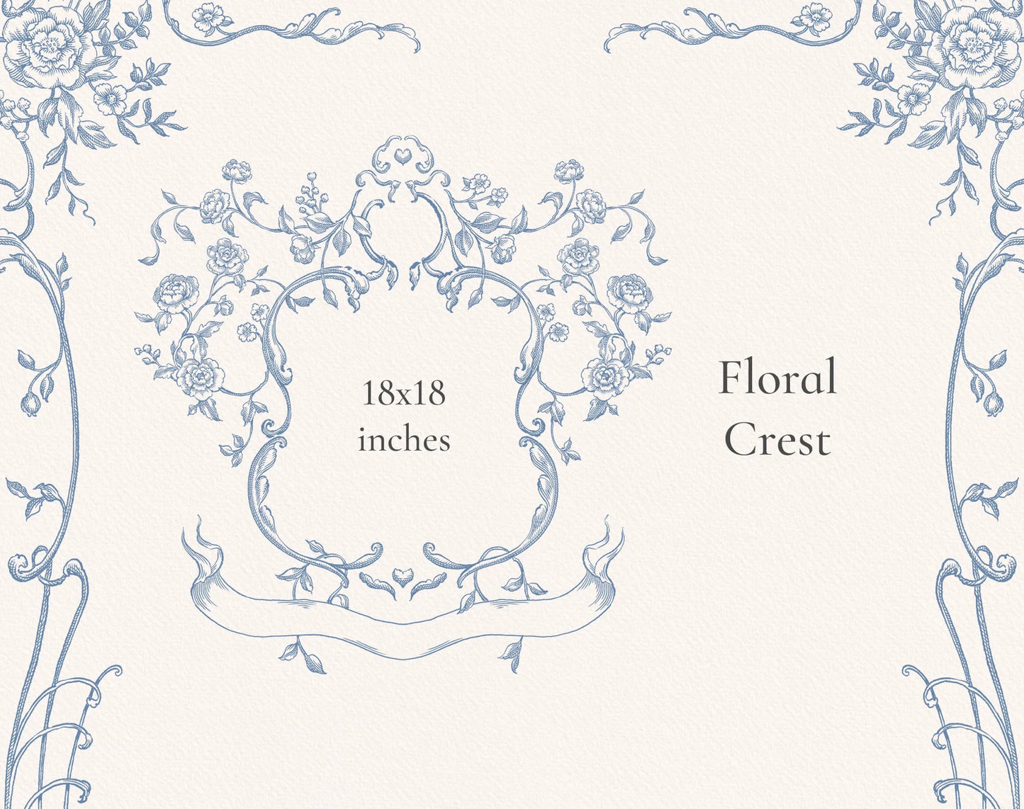 Floria Blue floral crest illustration — 18×18 inch