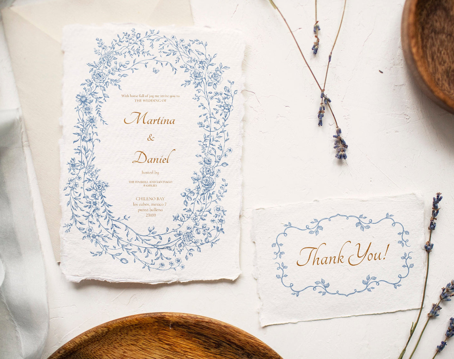 Wedding invitation mock-up featuring Floria Blue oval floral frame