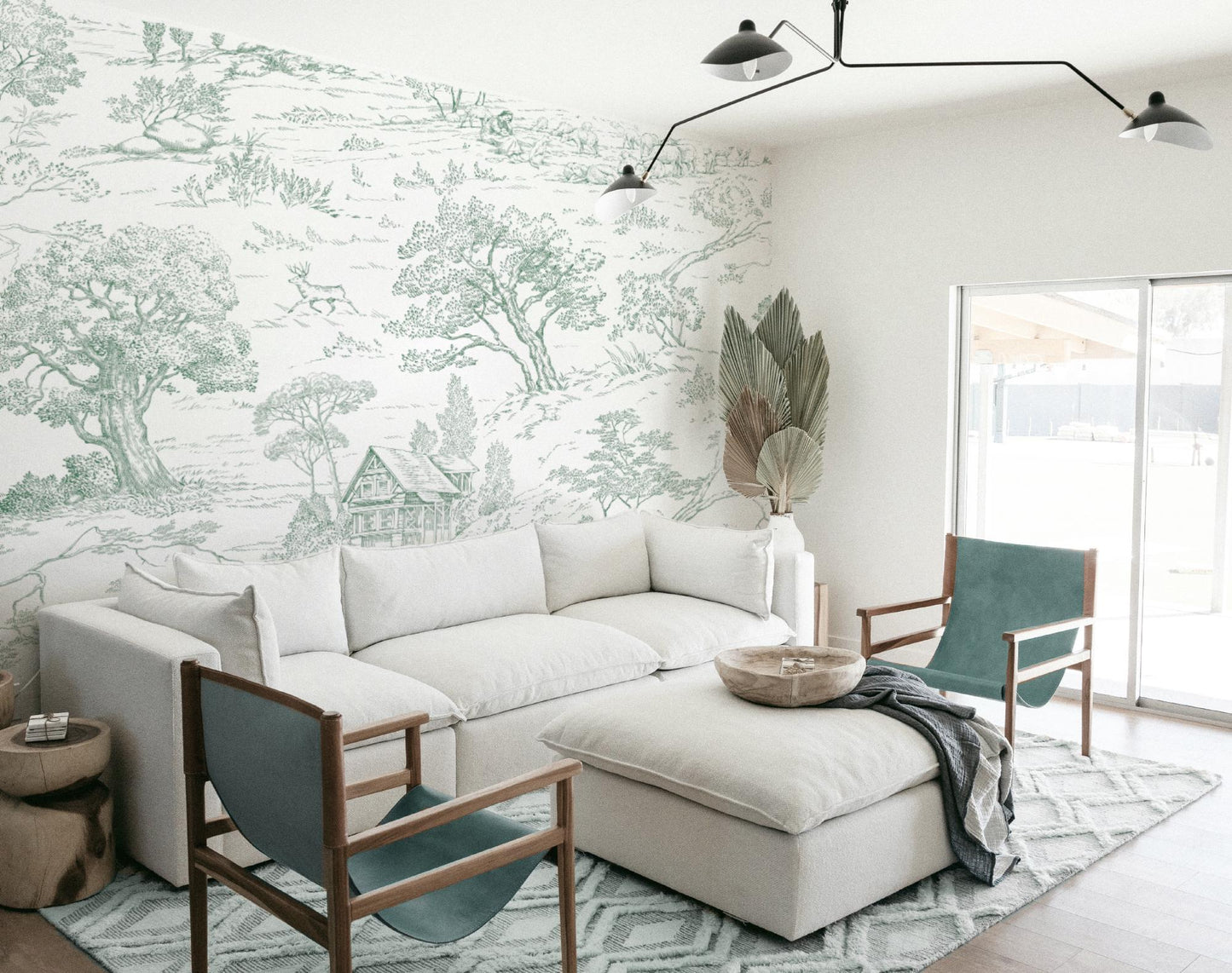 Living-room wallpaper mockup featuring Toile de Jouy Green pattern