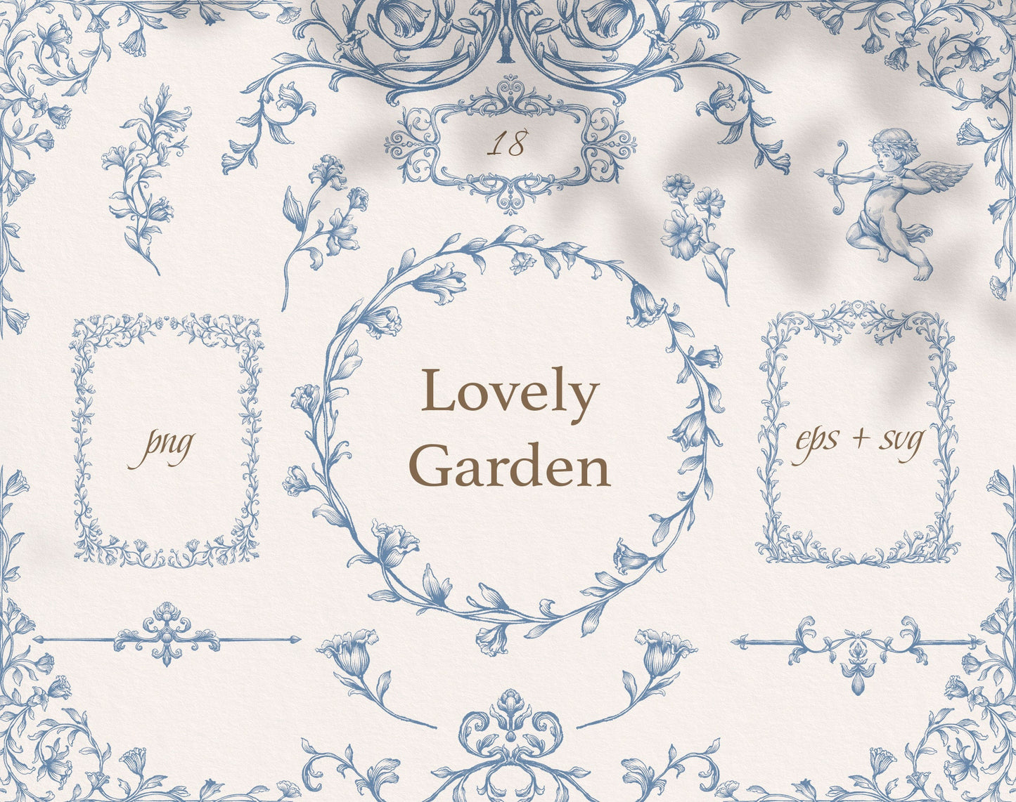 Lovely Garden Blue clip-art pack — dusty-blue Renaissance floral frames, wreath, Cupid cherub and vine borders