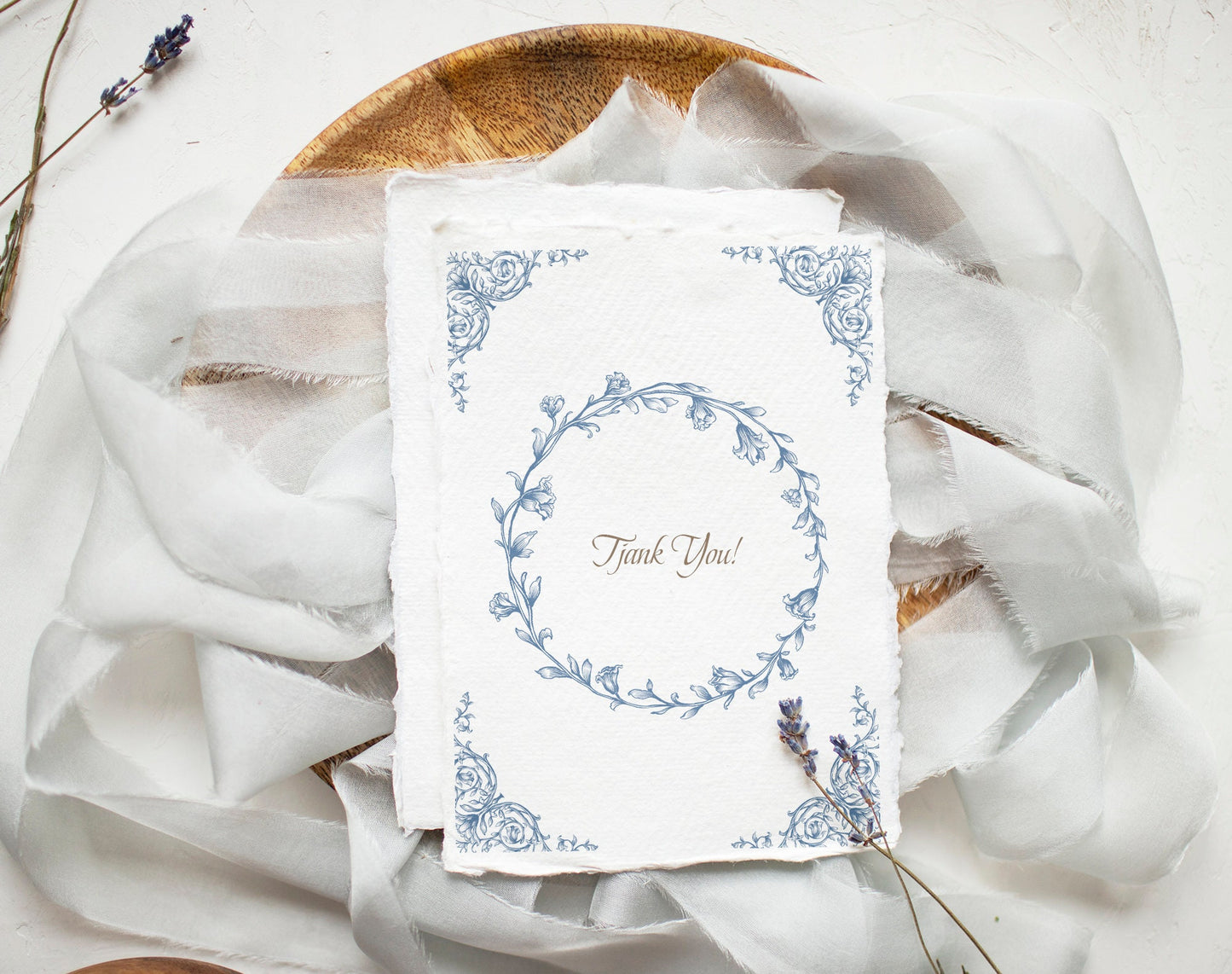 Wedding invitation card framed with Lovely Garden Blue floral border