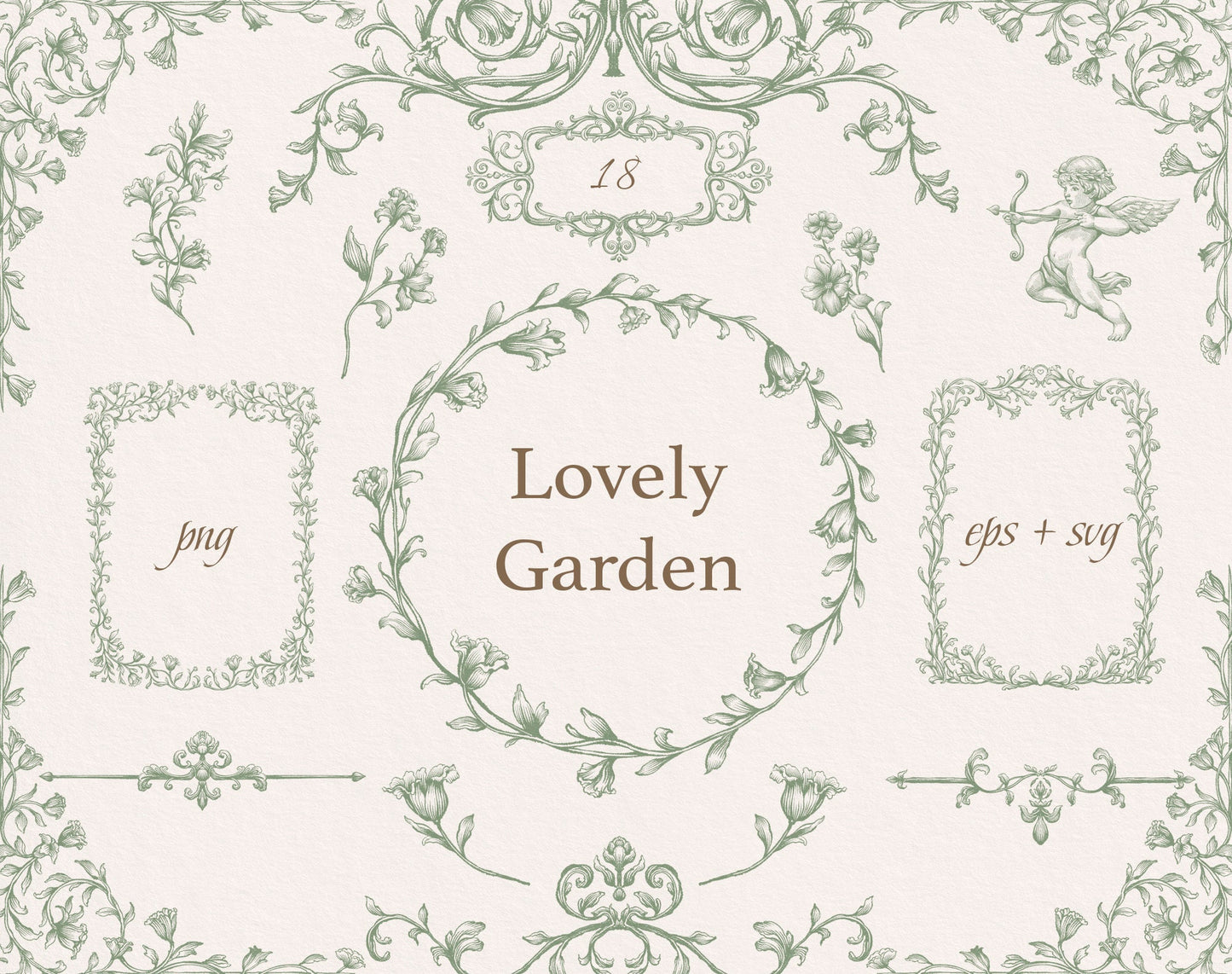Lovely Garden Green clip-art pack — Renaissance-style dusty-green floral frames, wreath, Cupid cherub and scroll borders