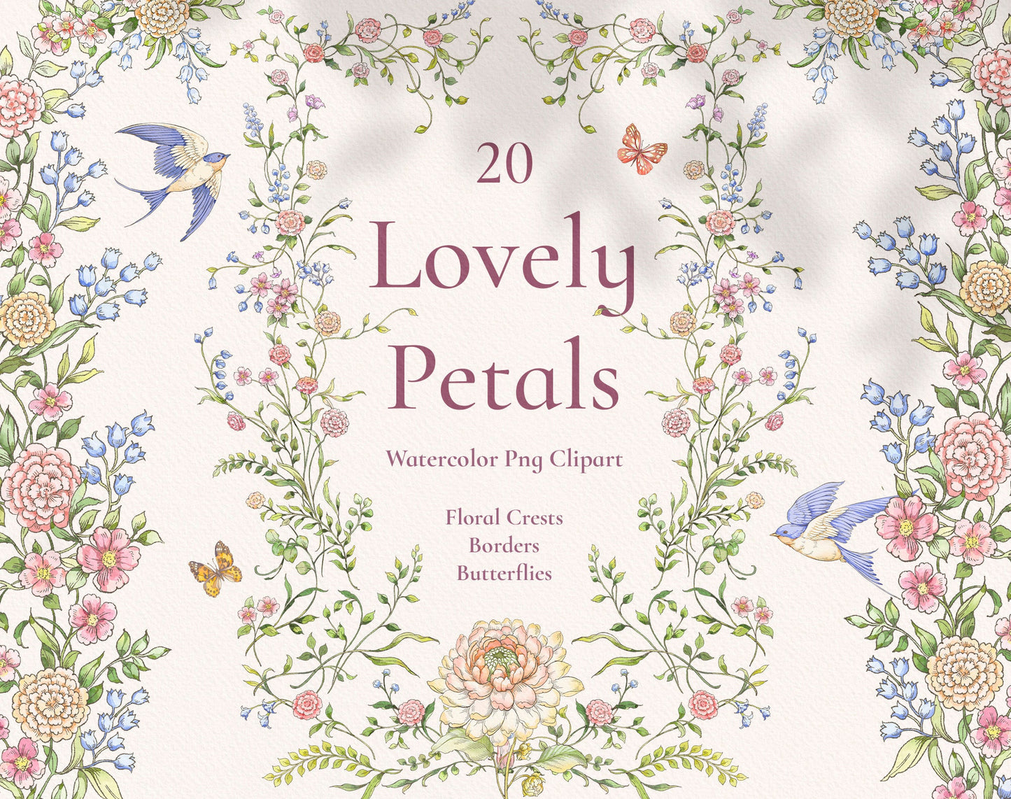 Lovely Petals clip-art pack — watercolor floral border with peonies, delphinium, butterflies and swallows
