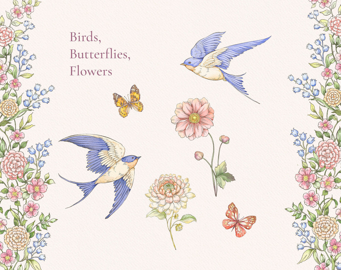 Swallow, butterfly and blossom clip-art — Lovely Petals ‘Birds & Blossoms’ sheet