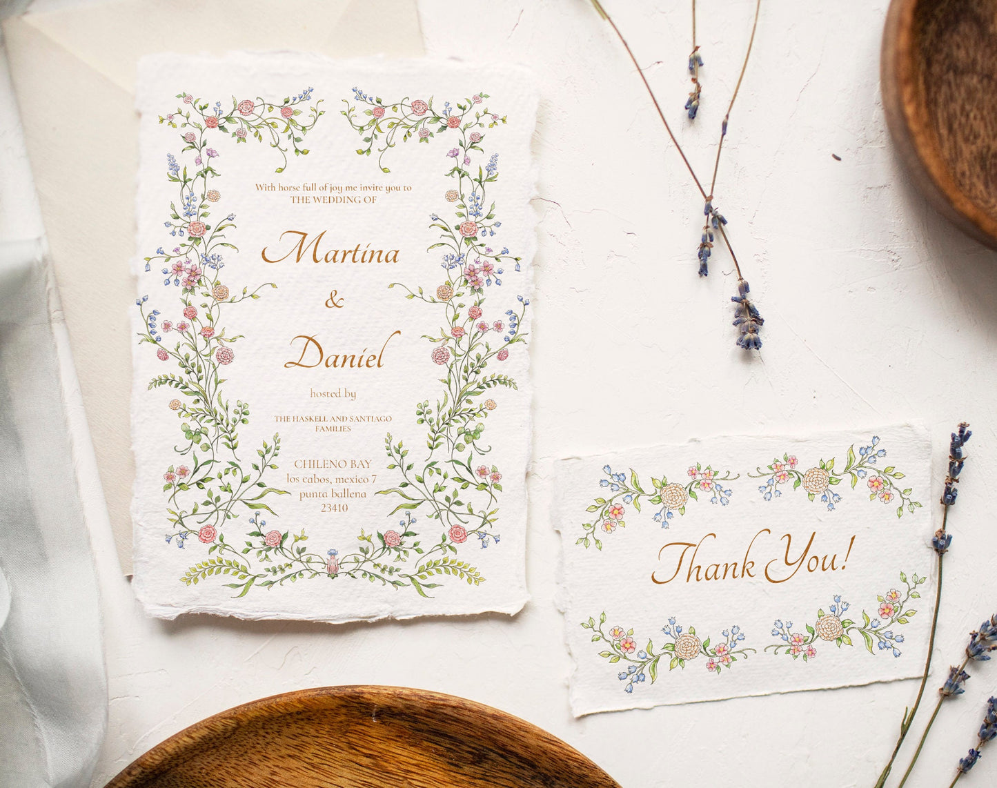Wedding stationery suite framed with Lovely Petals watercolor border