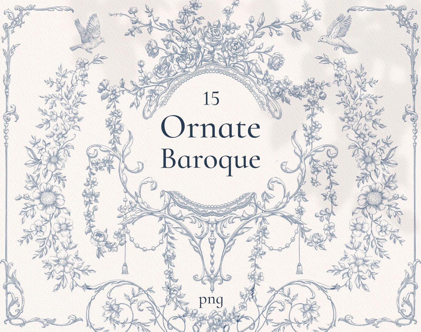 Ornate Baroque clip-art pack — dusty-blue floral swag frame with tassels, rose garlands and birds