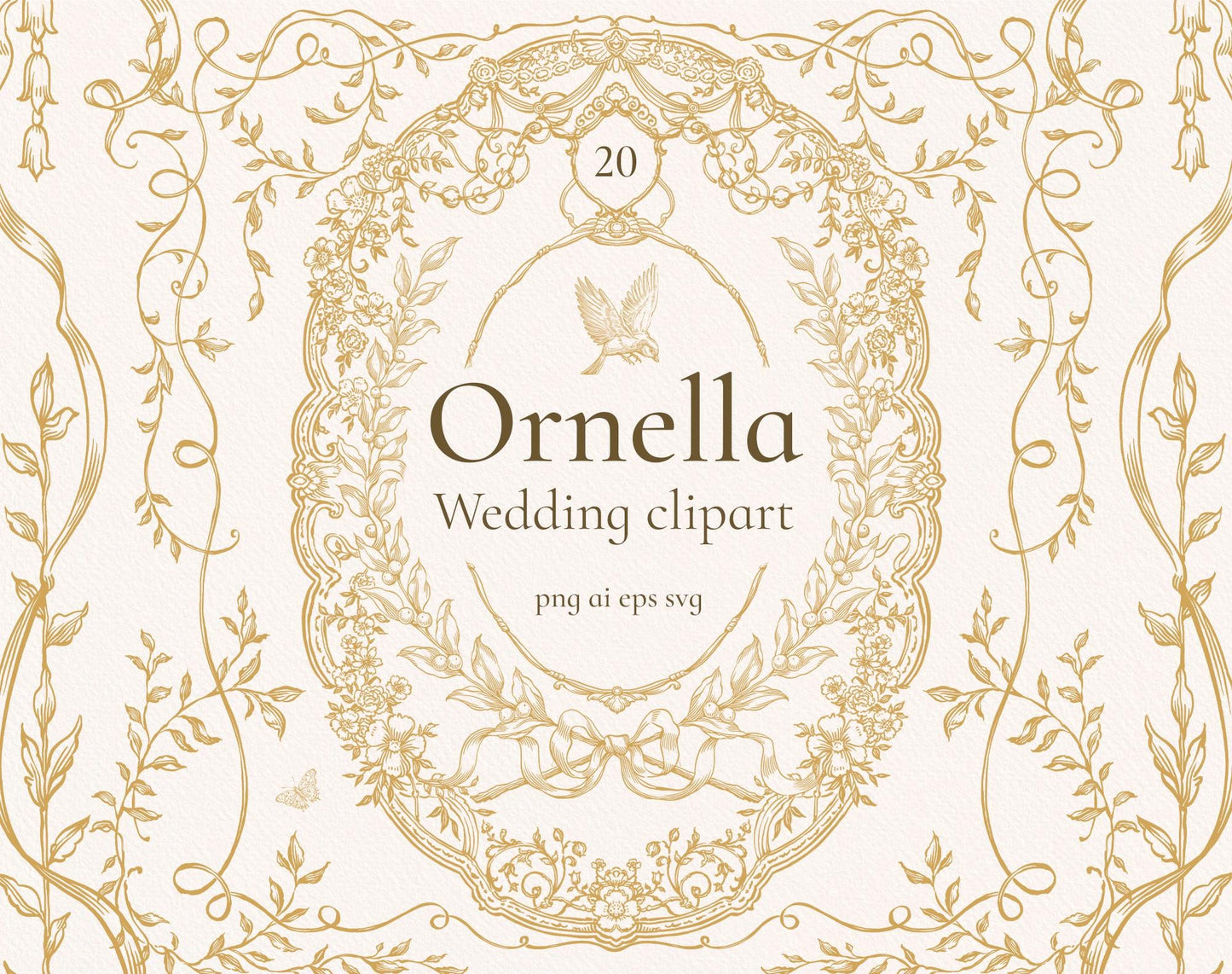 Ornella Gold clip-art pack — ornate gold floral oval frame with ribbon scrolls, dove and trailing vines