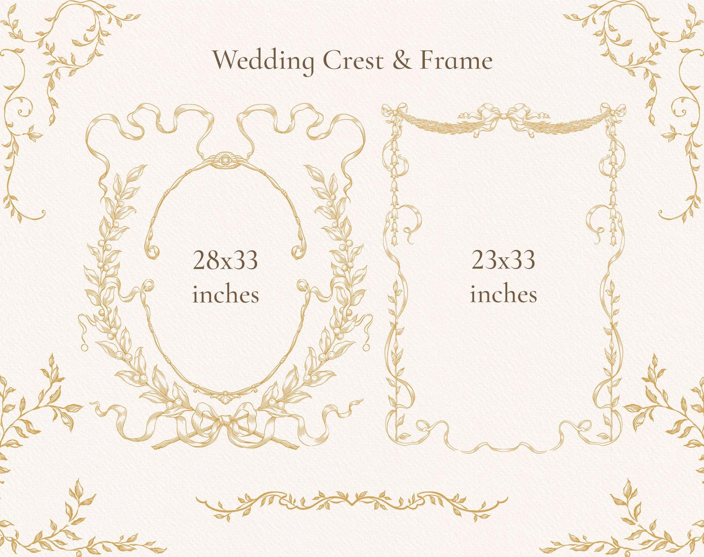 Wedding crest and frame size guide — Ornella Gold 28×33 in and 23×33 in