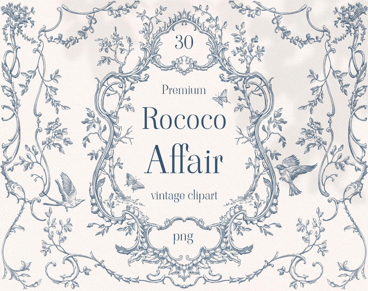 Rococo Affair Blue clip-art collection — ornate rococo floral frame with birds and butterflies in dusty blue
