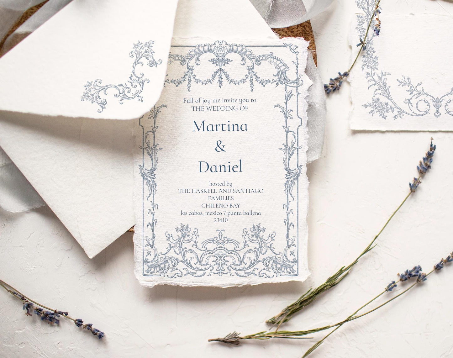 Wedding invitation mock-up with Rococo Affair ornate blue border and crest
