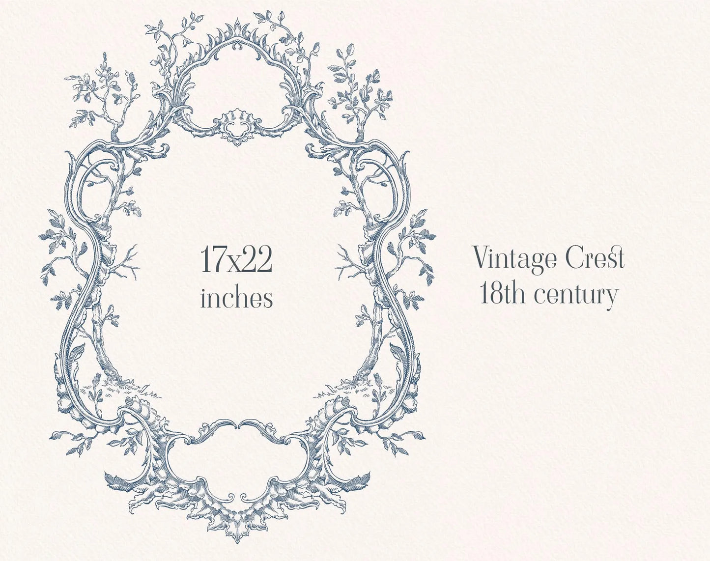 18th-century style floral crest illustration 17×22 in Rococo Affair Blue