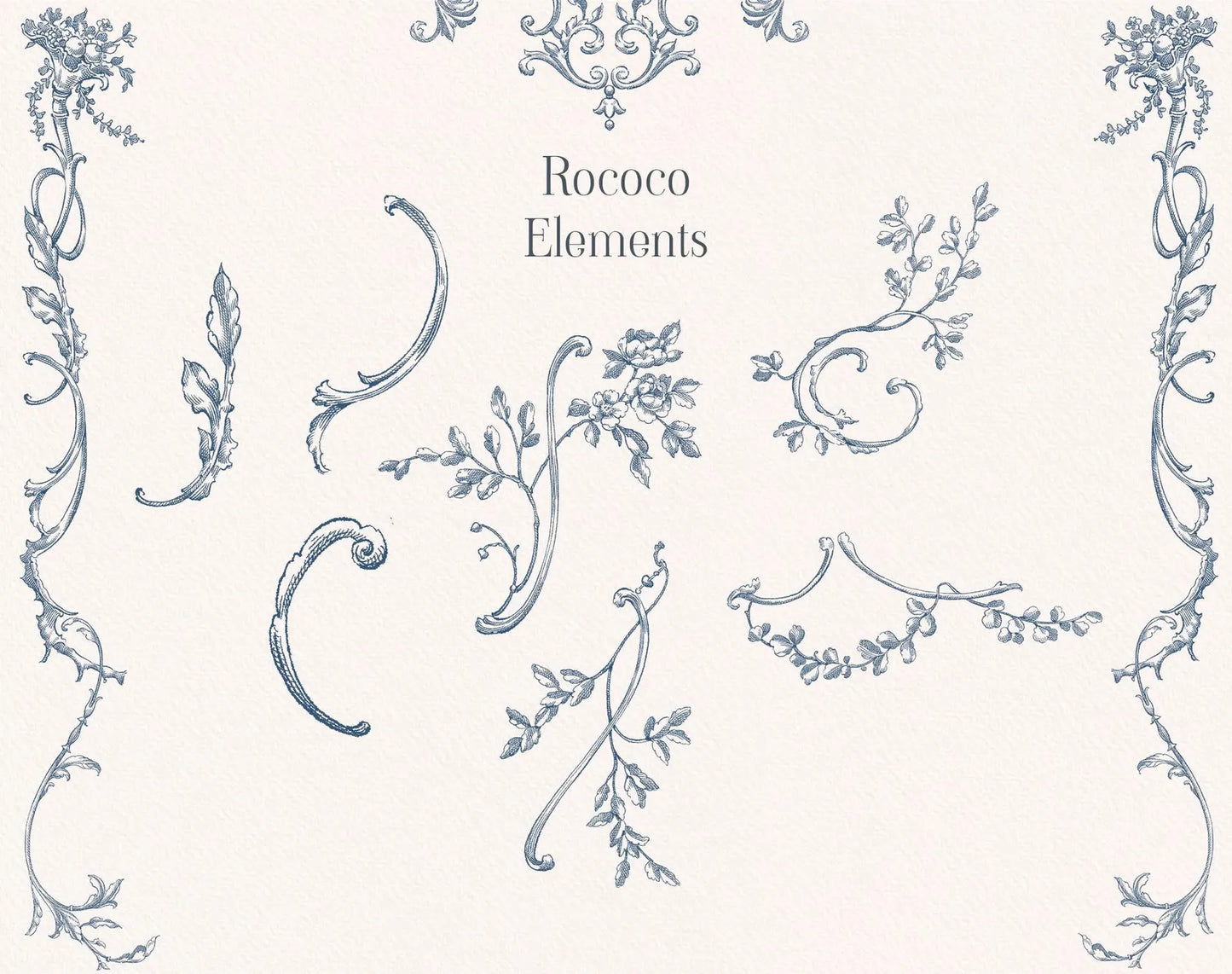 Scrolls, foliage and vine flourishes — Rococo Affair Blue ‘Elements’ sheet