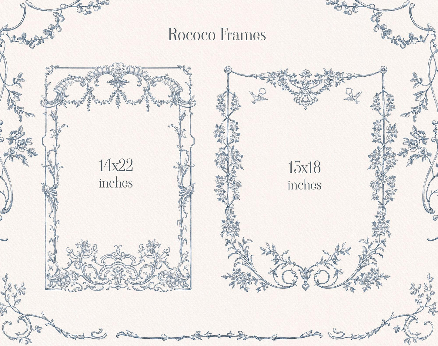 Rococo Affair Blue wedding frame samples in blue line art — 14×22 in & 16×18 in