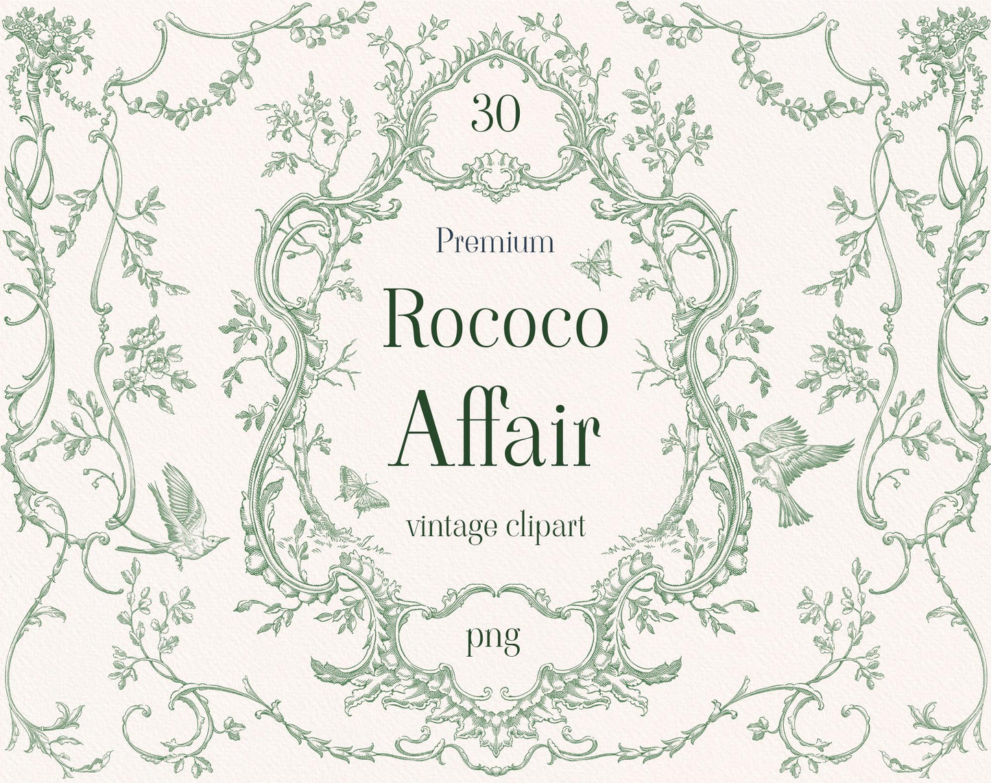 Rococo Affair Green clip-art pack — ornate dusty-green rococo frame with birds, butterflies and scrolling vines