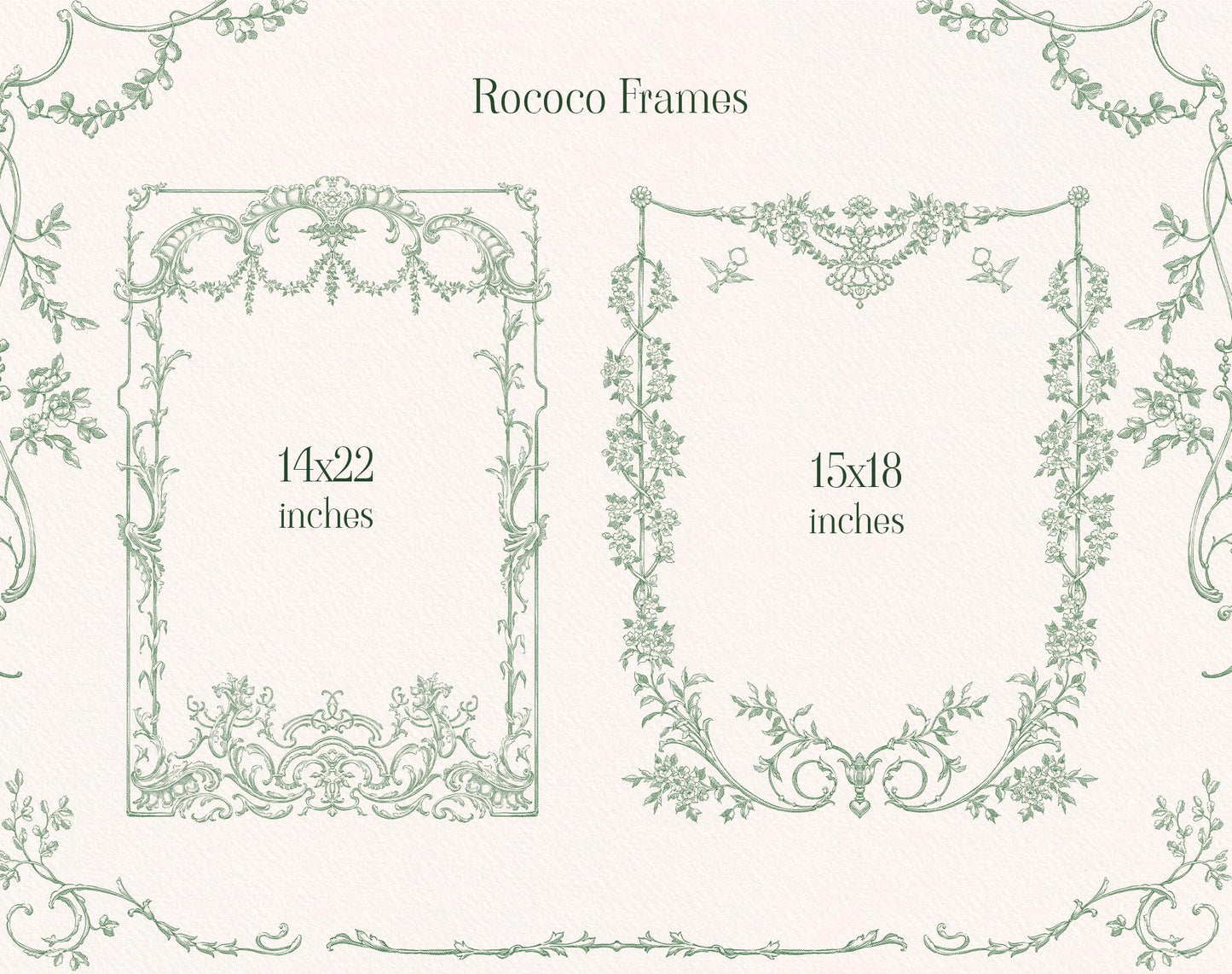 Rococo Affair Green wedding frame samples in green line art — 14×22 in & 16×18 in