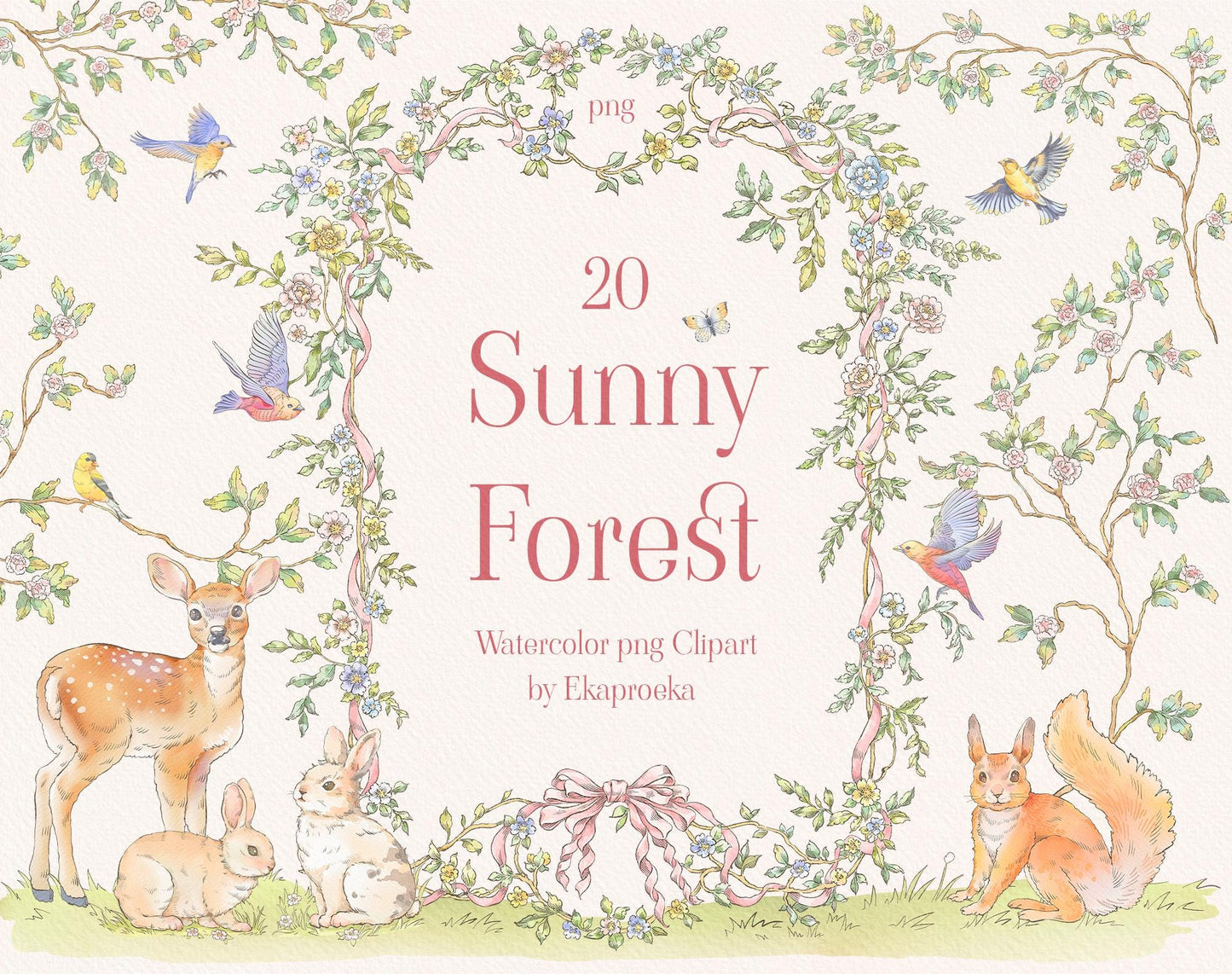 Sunny Forest – 20 woodland watercolors: animals, floral borders & butterflies