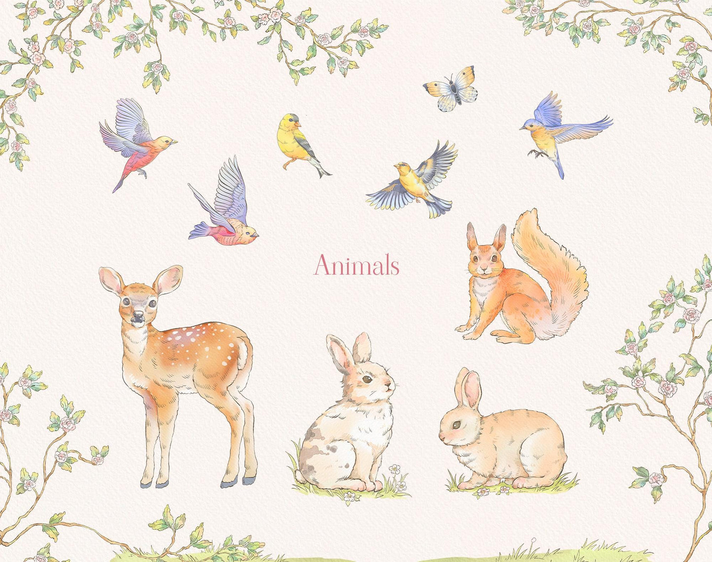 Forest animals illustration sheet — fawn, rabbits, squirrel and songbirds from Sunny Forest collection
