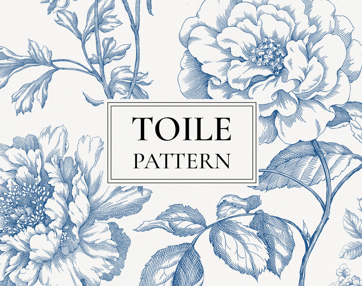 Toile Pattern Blue, seamless blue toile with peony and rose line-art florals