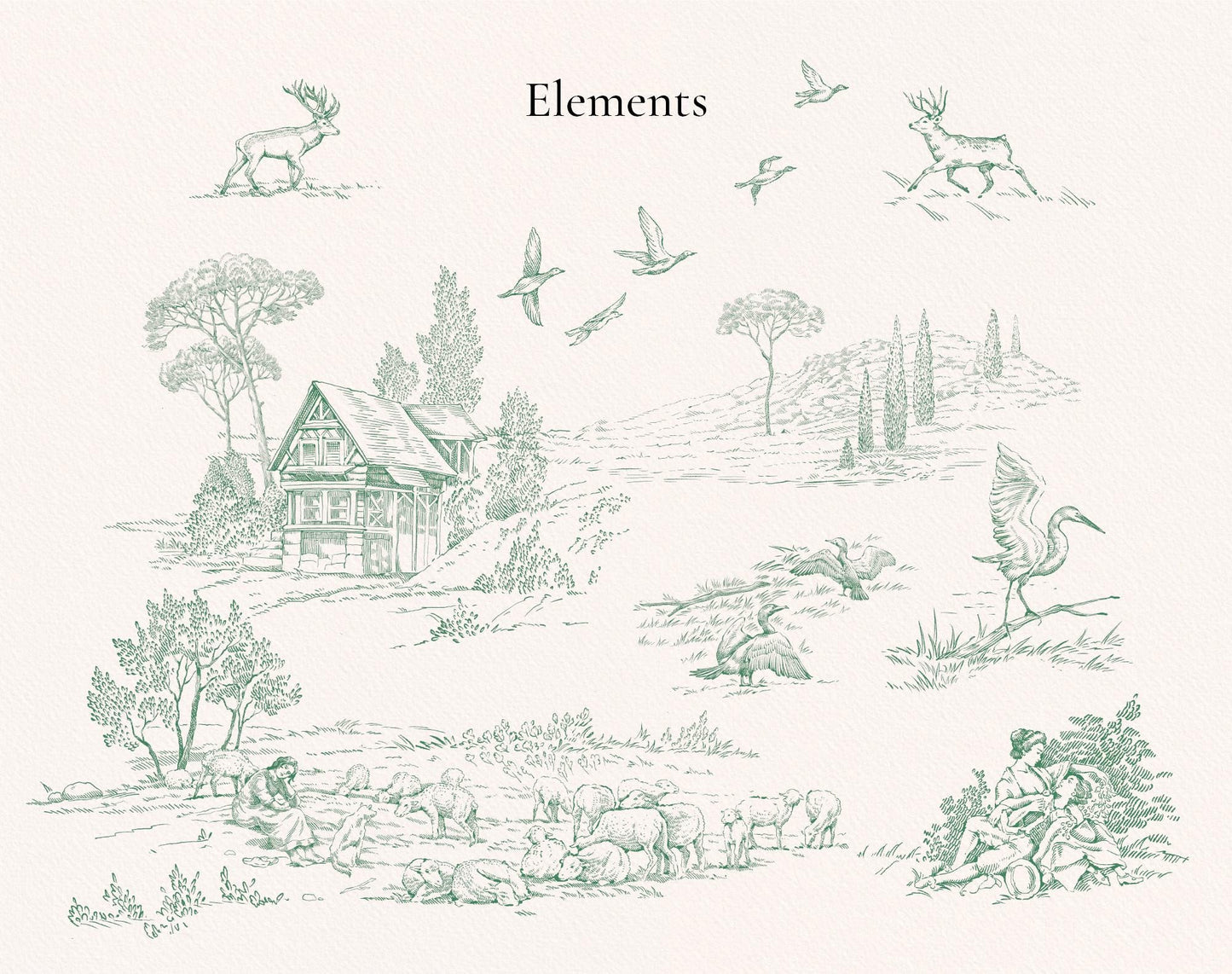 Toile scene elements — cottages, deer, trees and birds on transparent