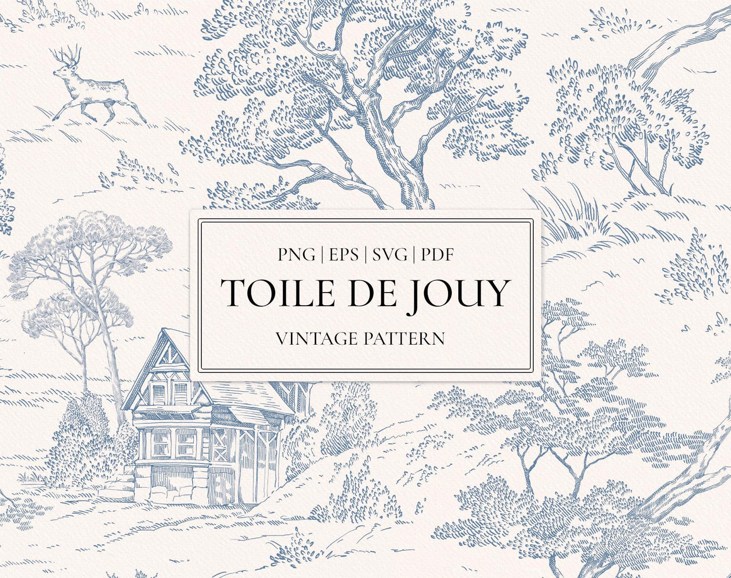 Toile de Jouy Blue pattern set — vintage scenic toile in dusty blue with cottage, deer and trees