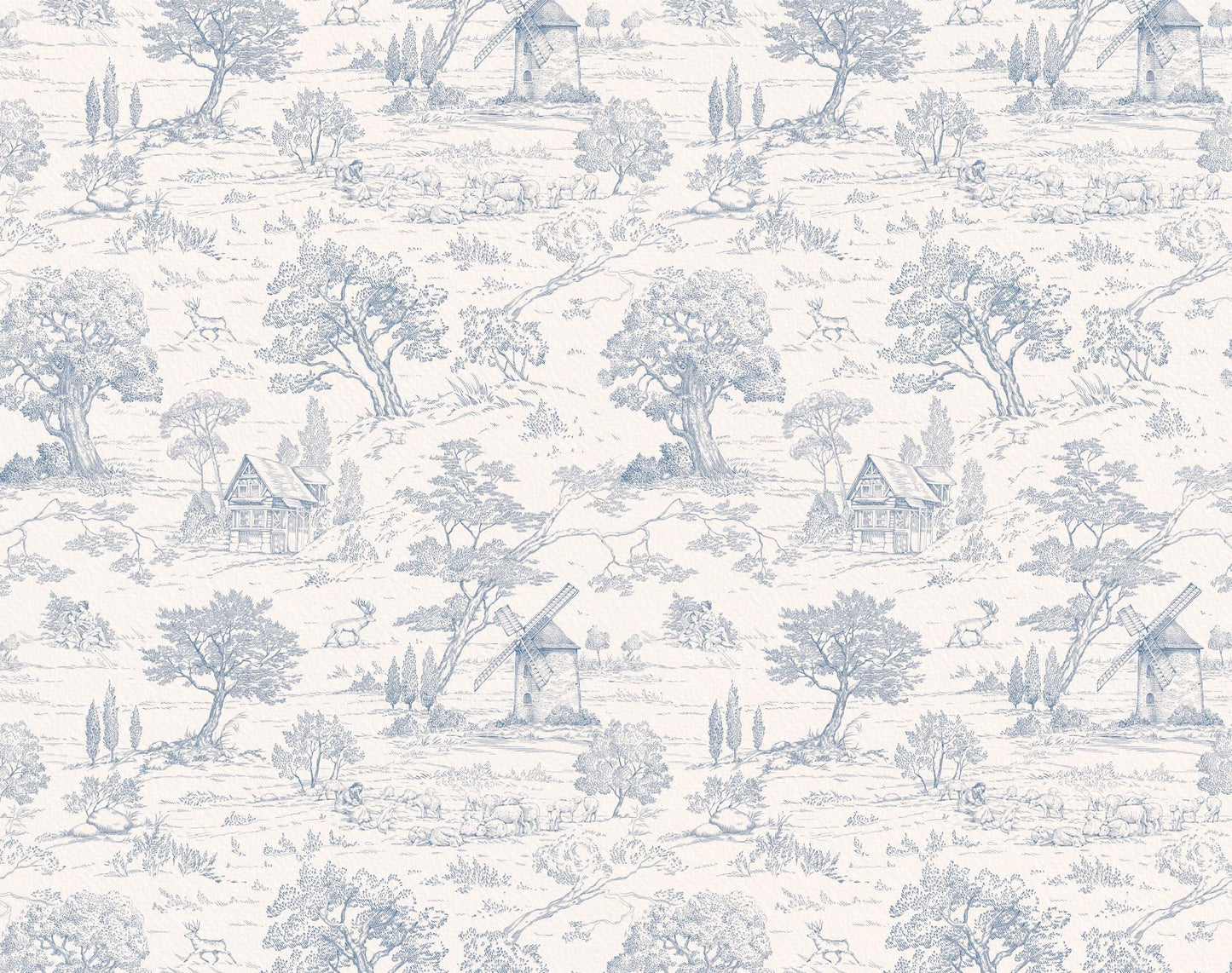 Toile de Jouy Patterned wallpaper with blue landscape design on a white background