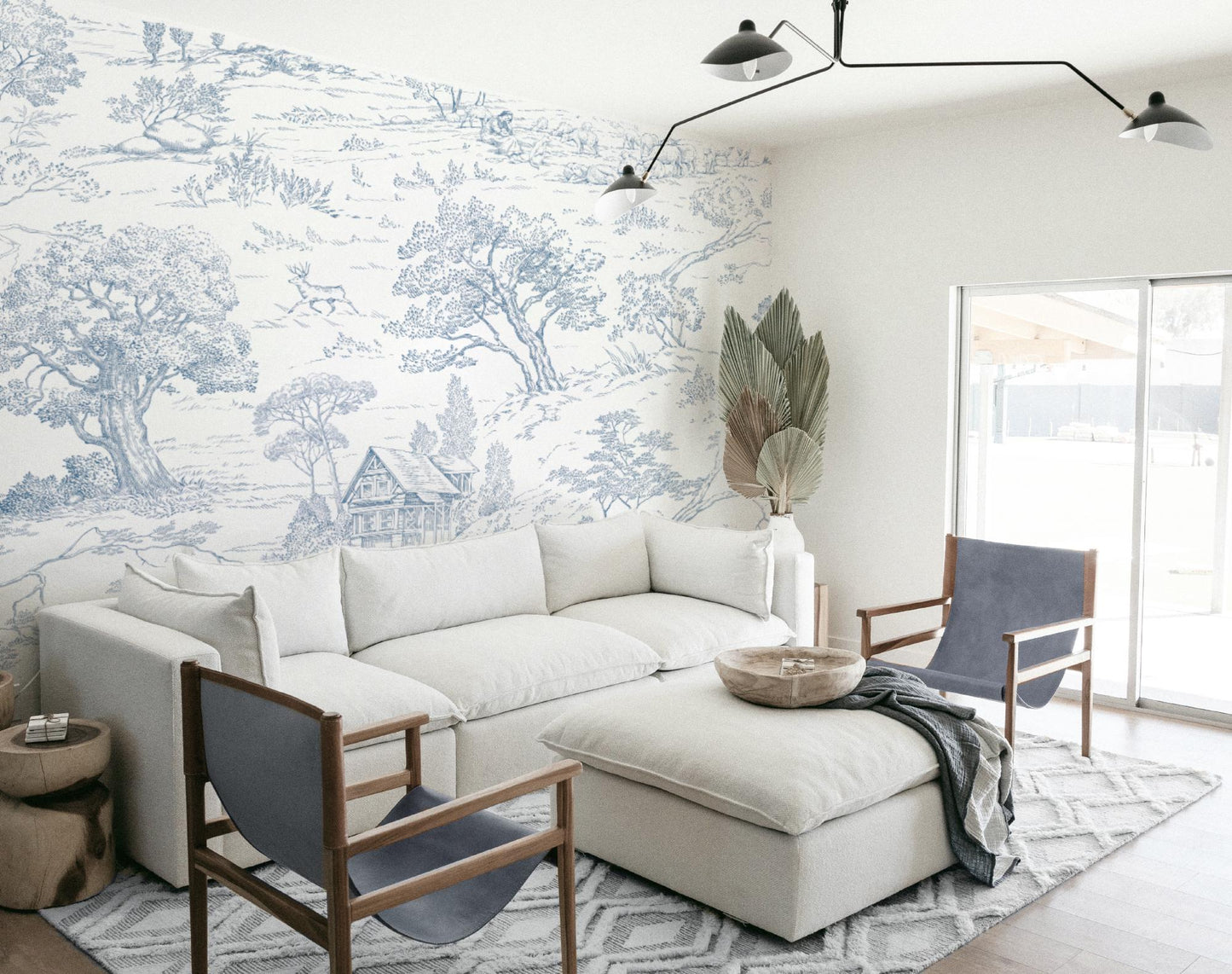 Living-room wallpaper mockup featuring Toile de Jouy Blue pattern