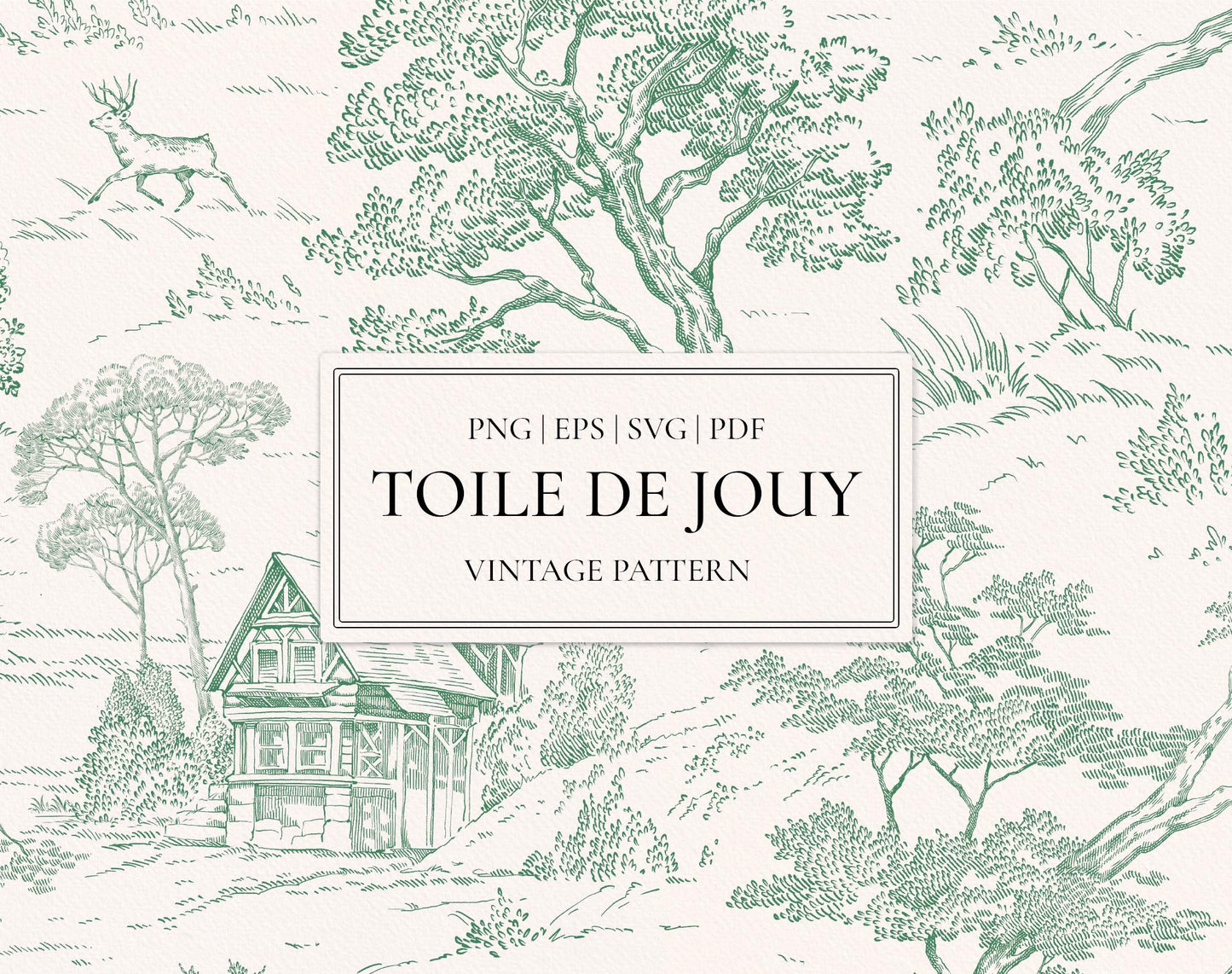 Toile de Jouy Green pattern set — vintage scenic toile in sage green with cottage, deer and trees