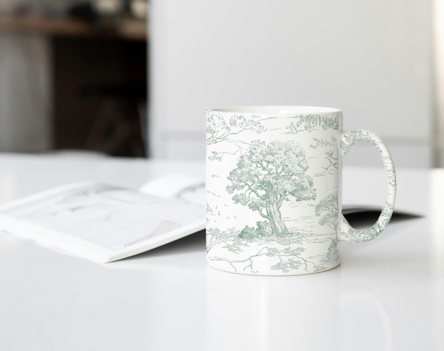Ceramic mug wrapped with Toile de Jouy Green pattern