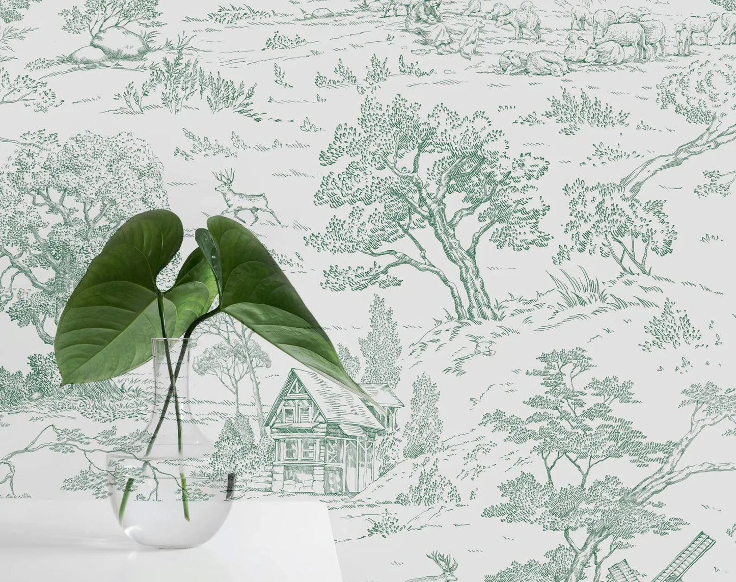 Wallpaper sample of Toile de Jouy Green pattern with leaf prop
