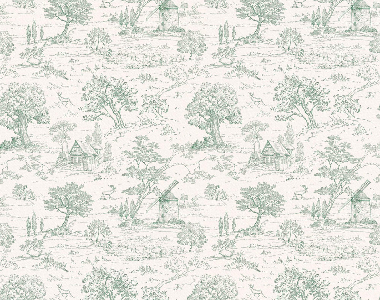 Toile de Jouy Green Seamless repeat preview — tiled green toile pattern samples