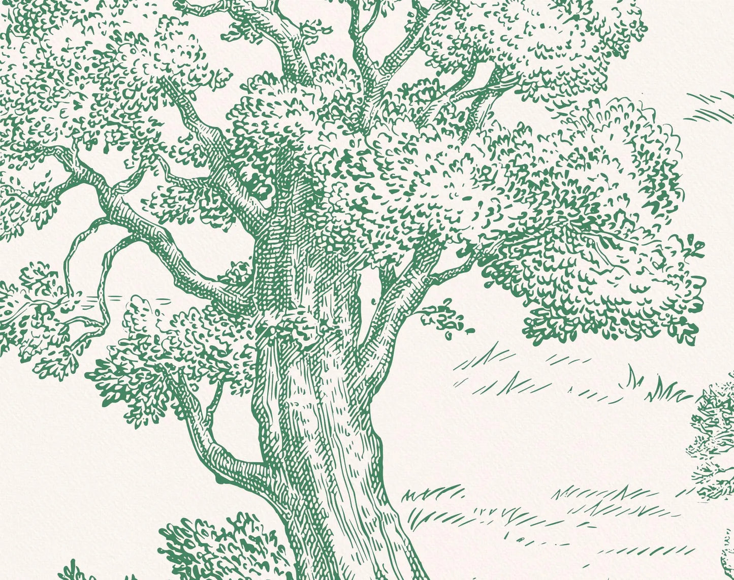 Close-up of engraved tree detail from Toile de Jouy Green