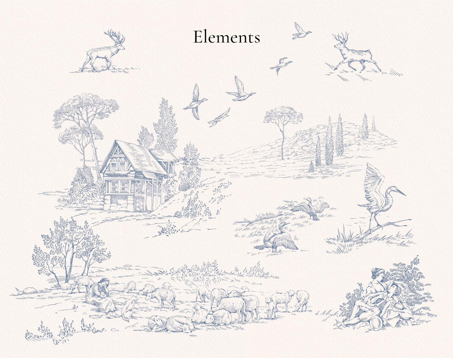 Toile scene elements — cottages, deer, trees and birds on transparent background