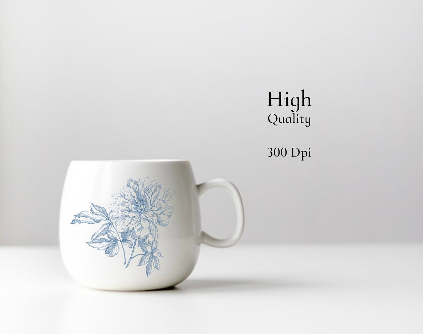 Ceramic mug printed with blue peony toile motif