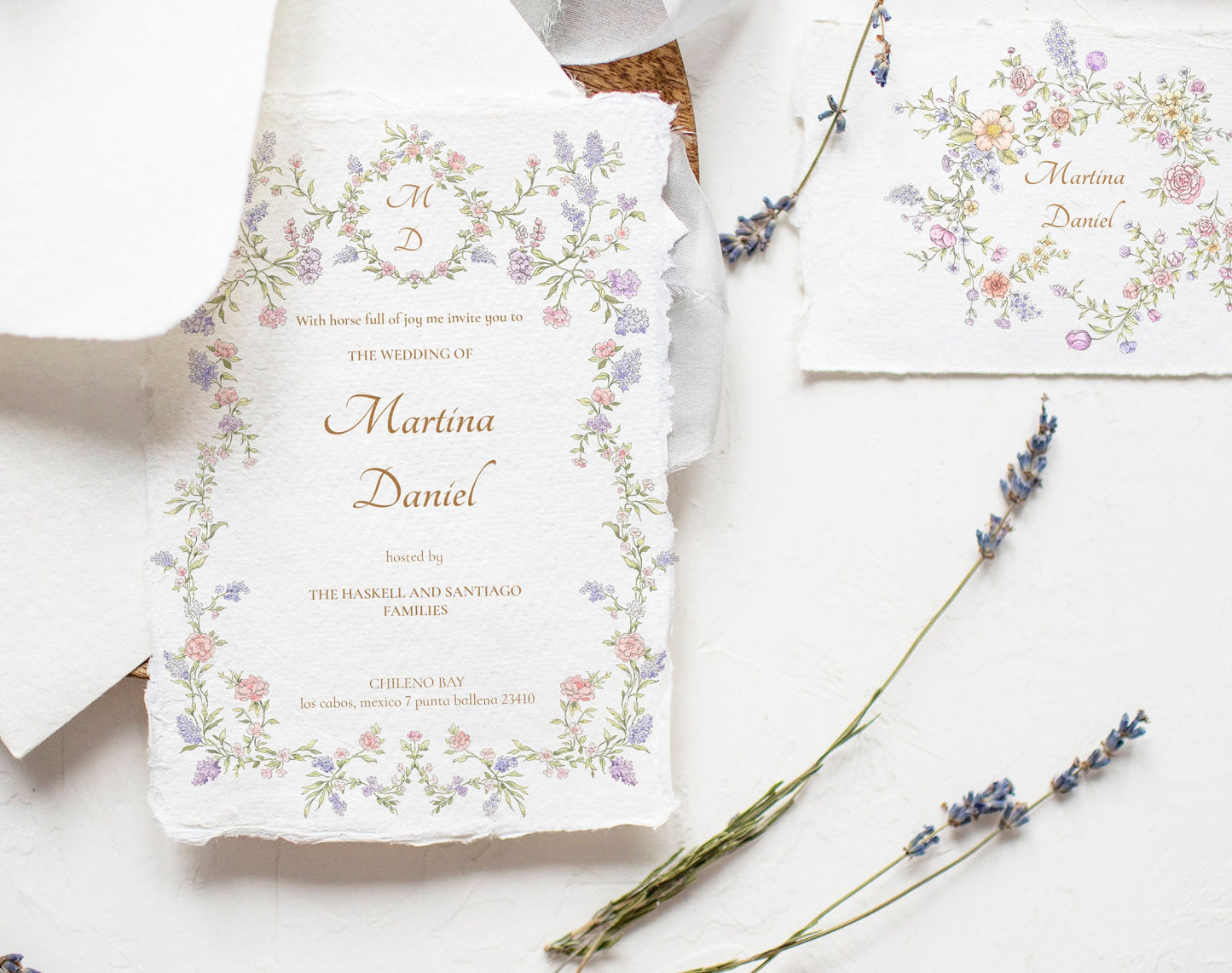 Wedding invitation mock-up framed with Valley Dreams floral border and lavender sprig