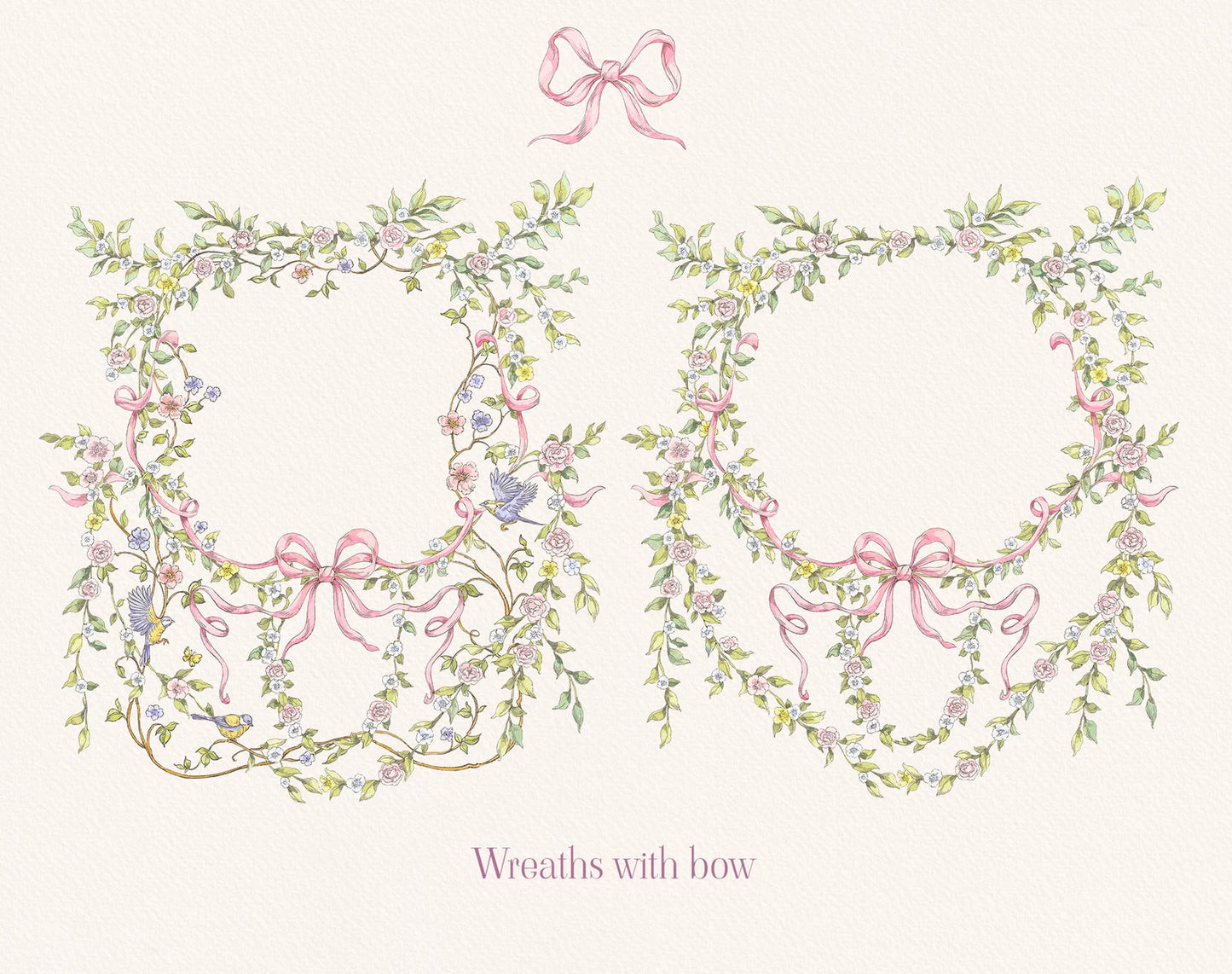 Vintage Garden floral wreaths with pink bow – clip-art sample