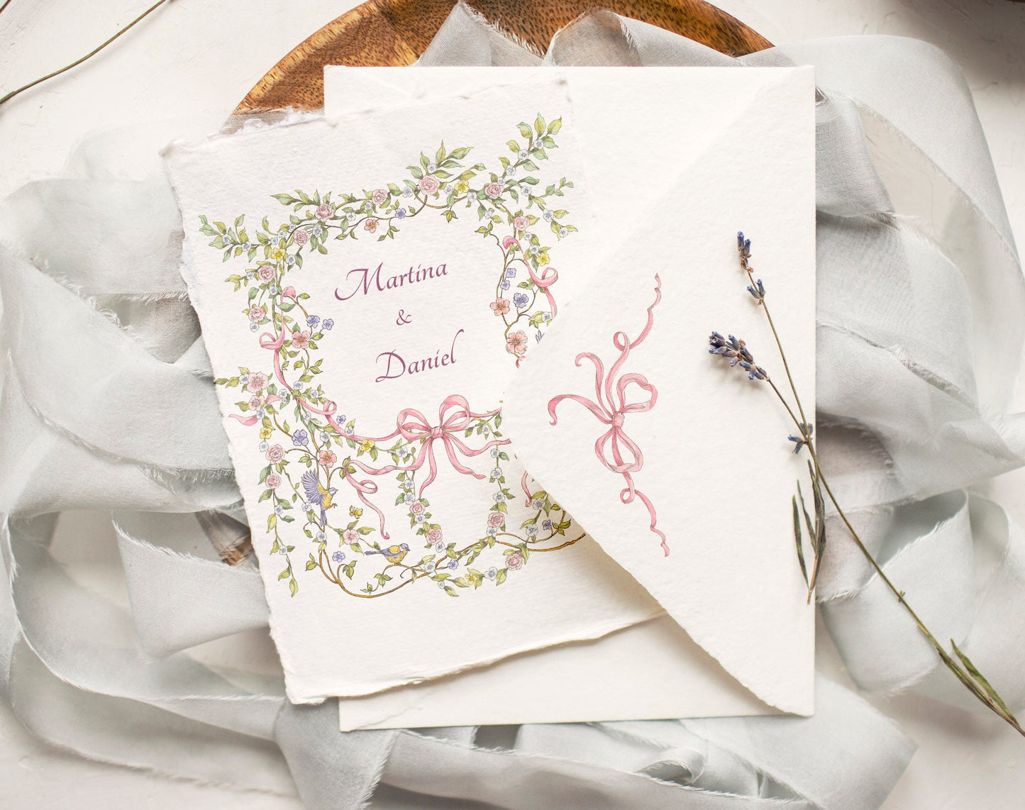 Vintage Garden invitation mock-up featuring the Vintage Garden wreath on folded card and envelope