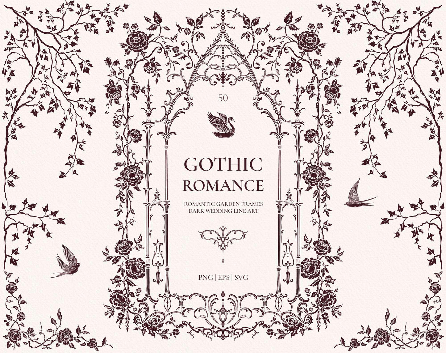 Gothic Romance collection cover in an ivory colorway with a pointed floral arch, roses, vines, swan, and swallow illustrations.